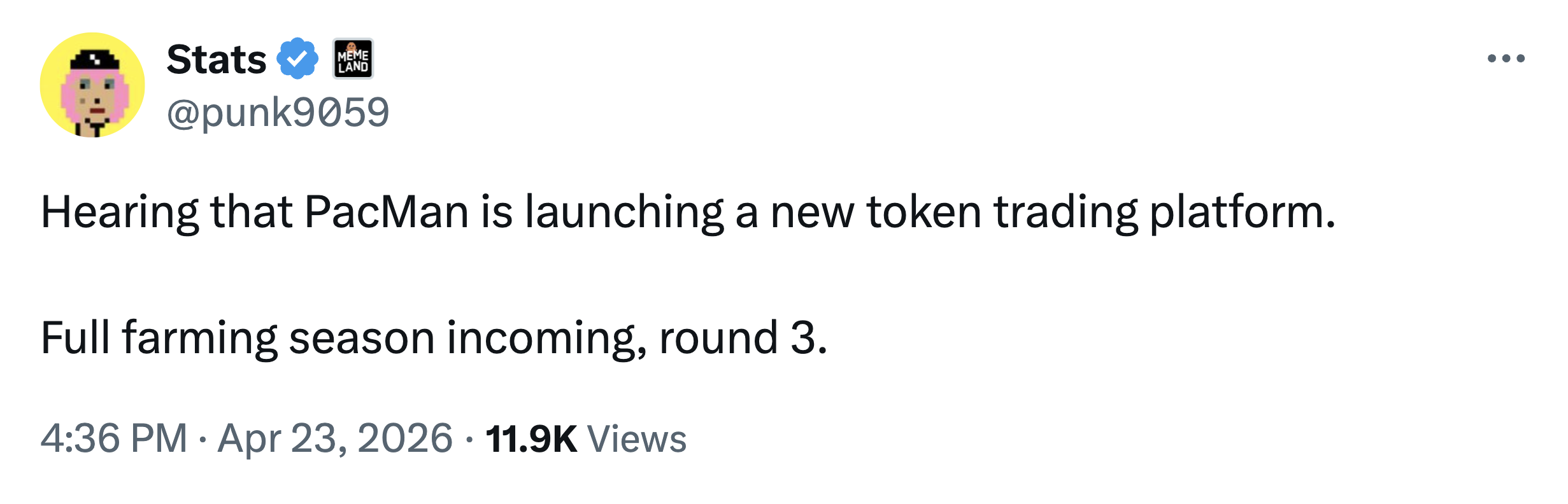 Stats tweet on Pacman new token trading platform