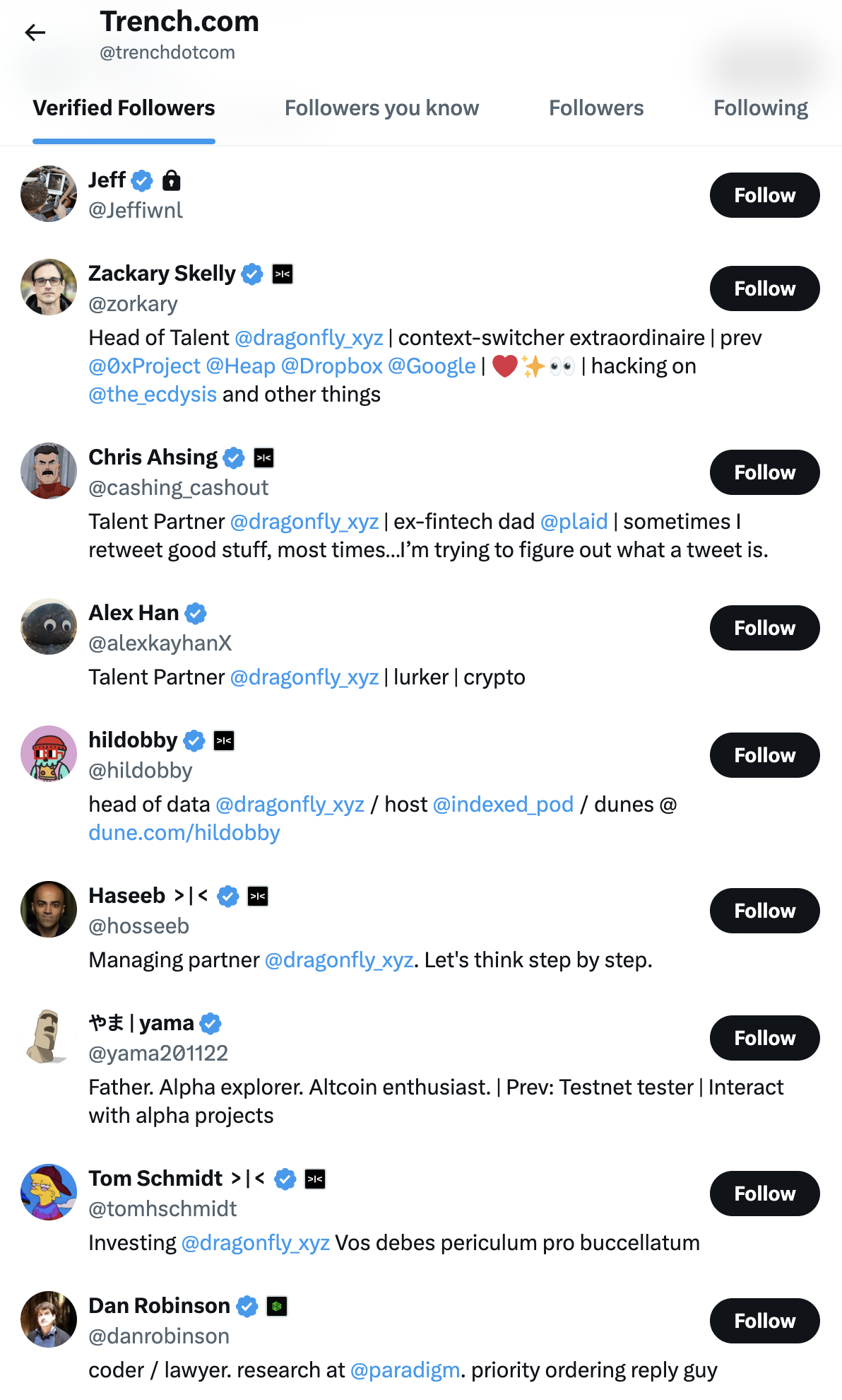 Selected followers of @trenchdotcom, including partners from Dragonfly and Paradigm